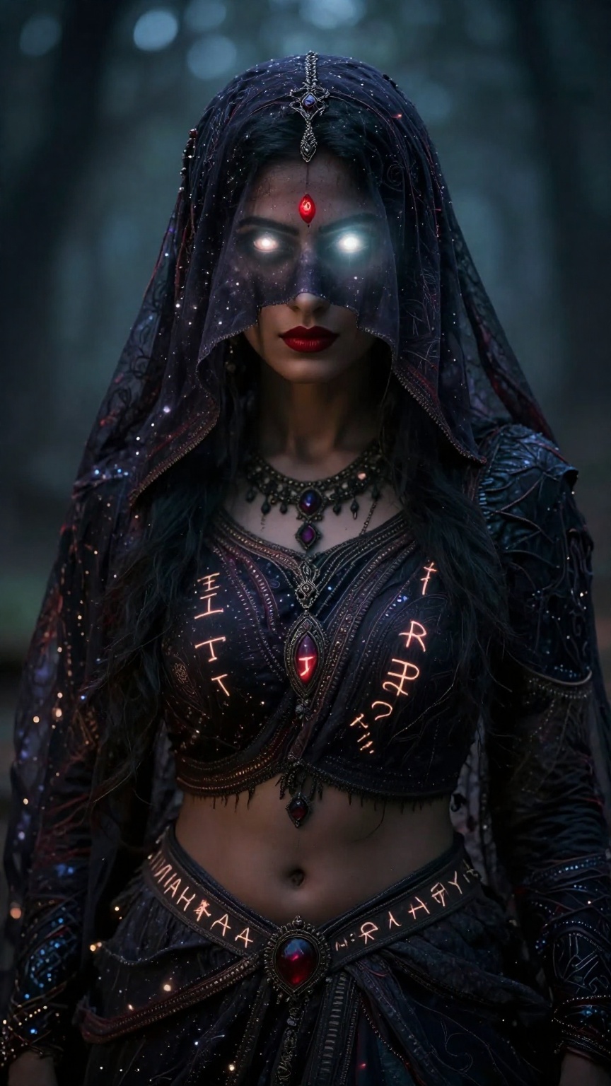 Create a hauntingly beautiful scene featuring an Indian witch,  her hair and forehead covered by a veil of dark cloth,  le...