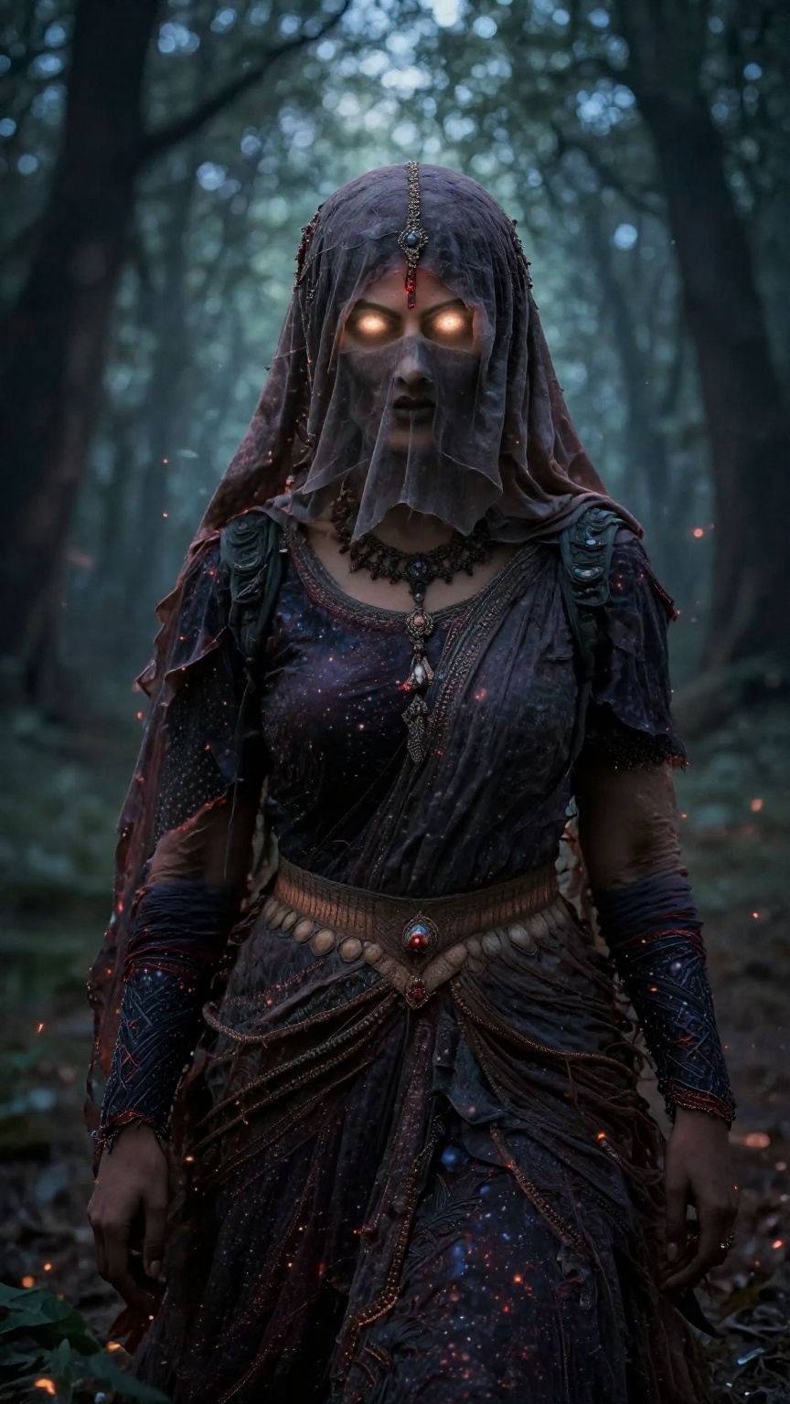 Create a cinematic scene where an Indian witch stands,  her hair and forehead covered by a hard veil made of opaque cloth,...