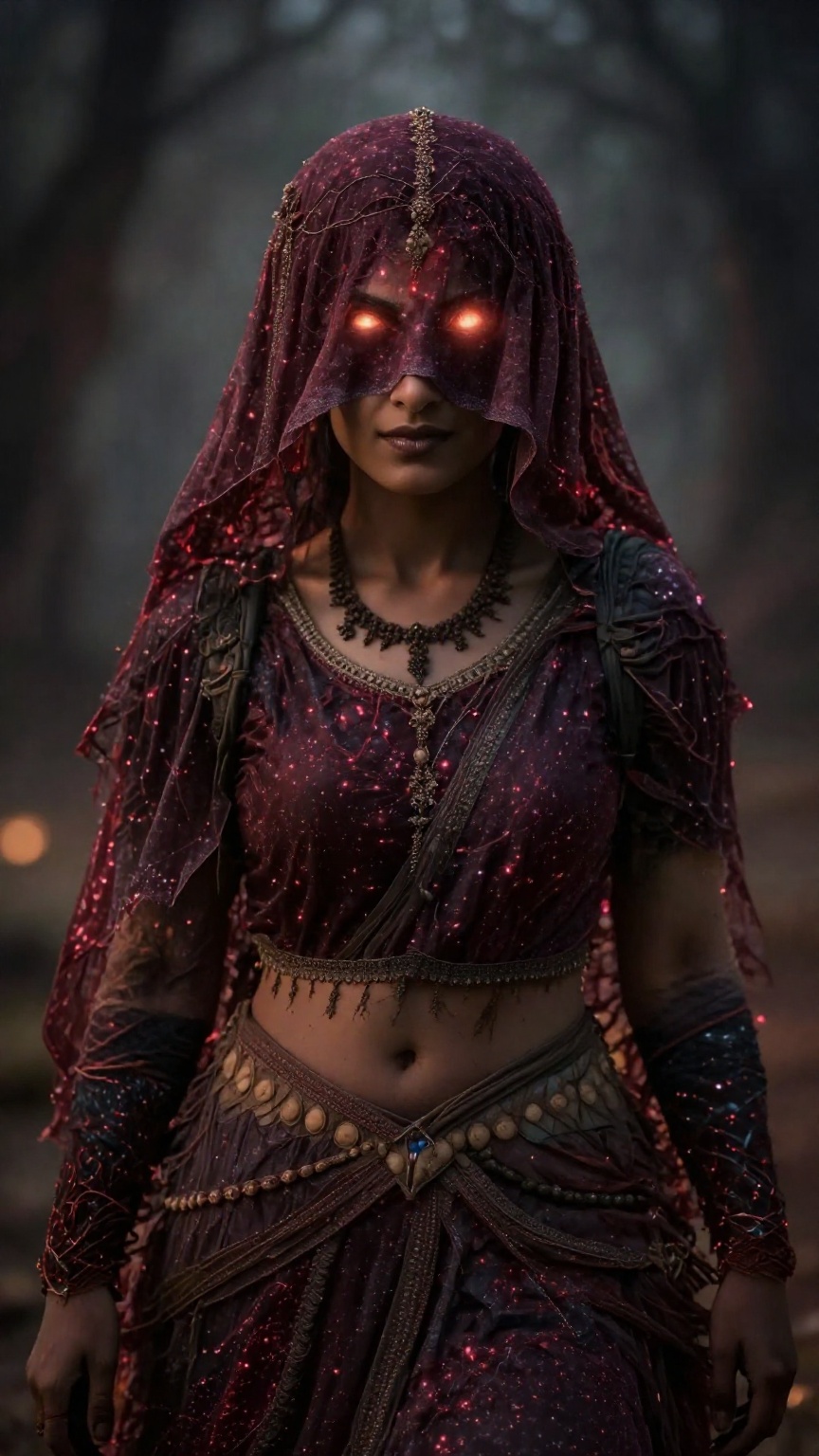 A indian witch,  hair and and forehead eyes cover with Vail clothe,  eyes nothing is visible only glowing light in eyes on...