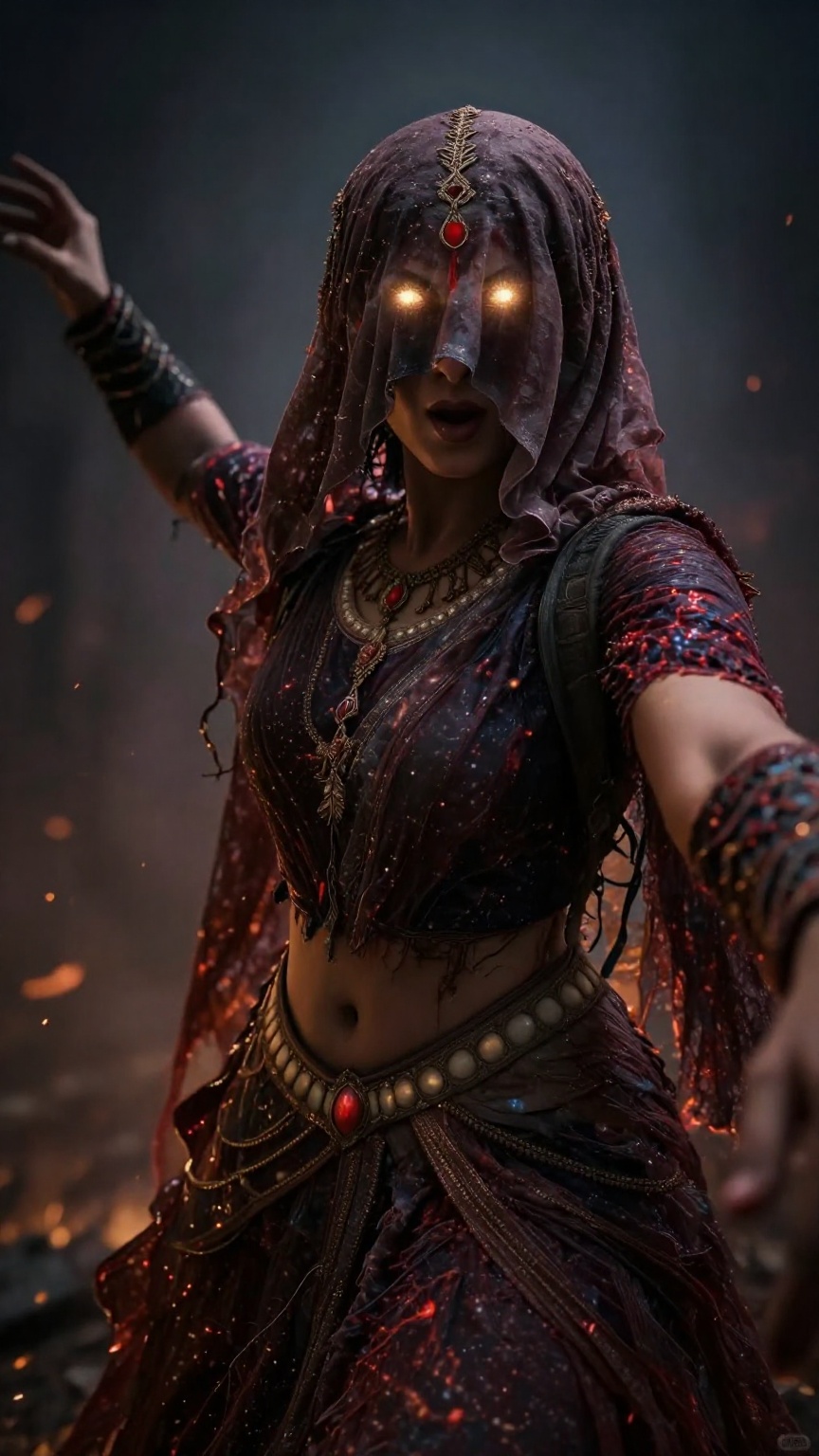 Create a cinematic scene featuring an Indian witch with her hair and forehead covered by a hard veil cloth,  leaving only...