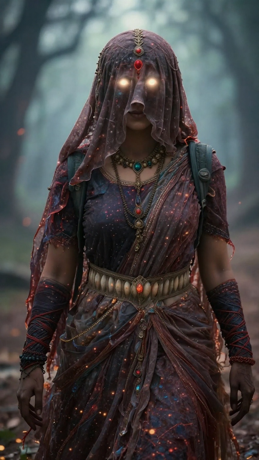 Create a cinematic scene where an Indian witch stands,  her hair and forehead covered by a hard veil made of Vail cloth,...