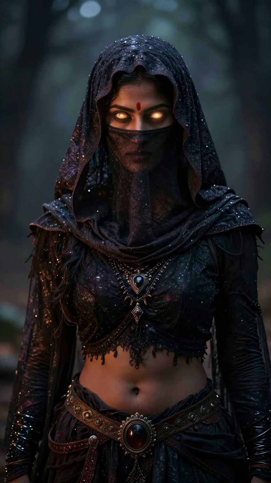 A indian witch,  hair and and forehead eyes cover with hard Vail clothe,  nothing is visible only glowing light in eyes on...