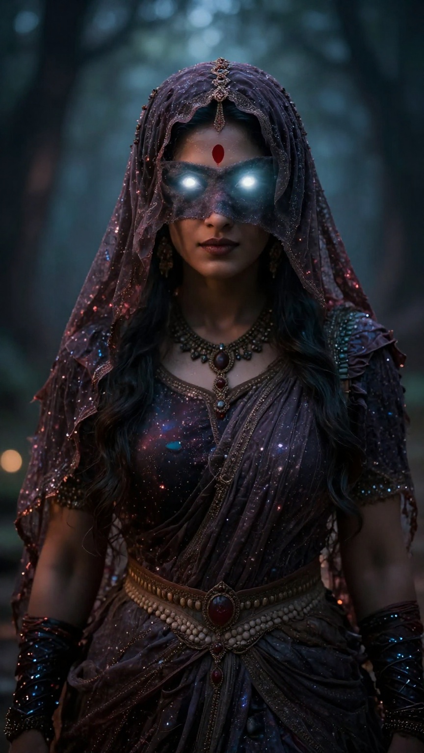 Create a cinematic scene featuring an Indian witch. She wears a magical outfit,  and her hair and forehead eyes are covere...