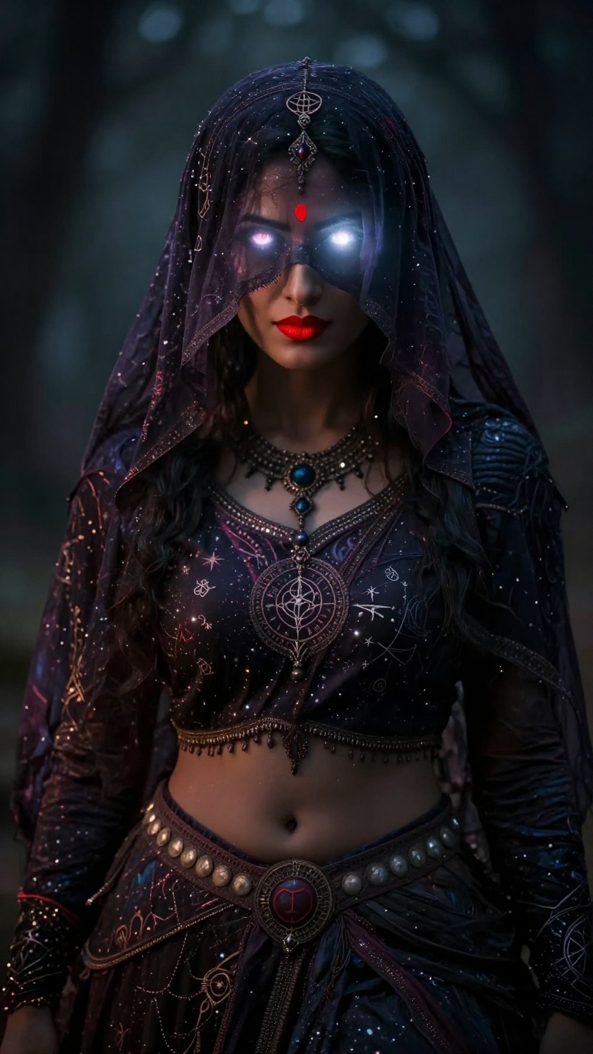 Create an image of an Indian witch with her hair and forehead covered by a veil of dark cloth,  leaving only her glowing e...