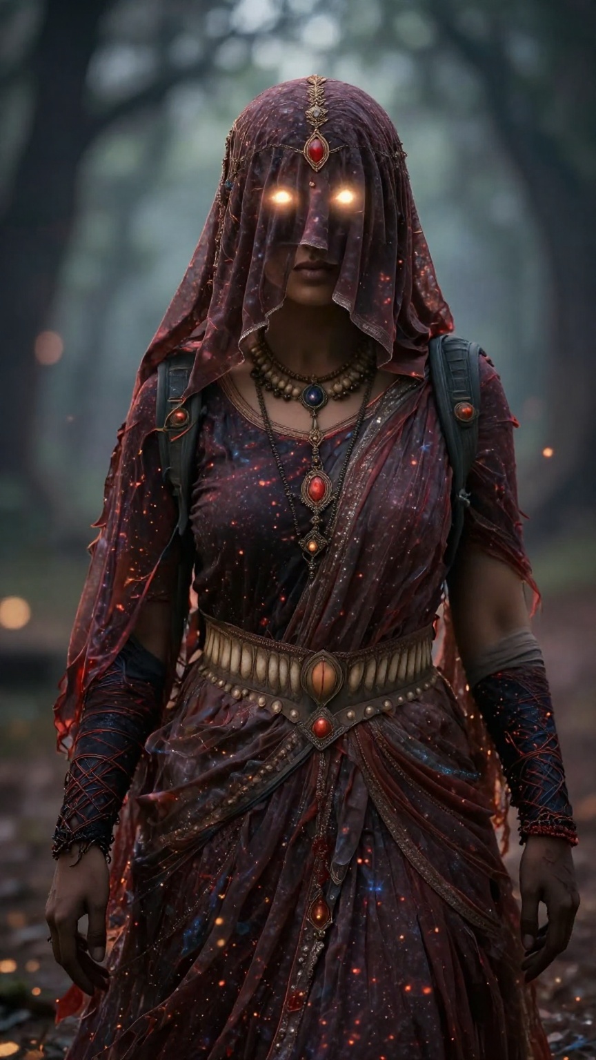 Create a cinematic scene where an Indian witch stands,  her hair and forehead covered by a hard veil made of Vail cloth,...