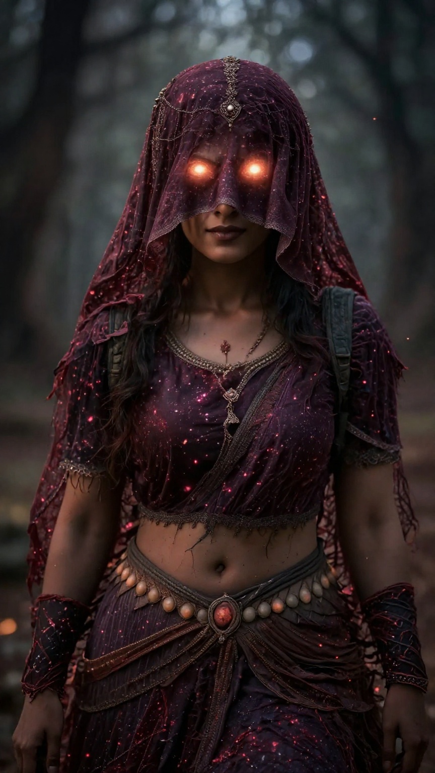 A indian witch women,  hair and eyes cover with Vail clothe,  eyes nothing is visible only glowing light in eyes on Tensor...