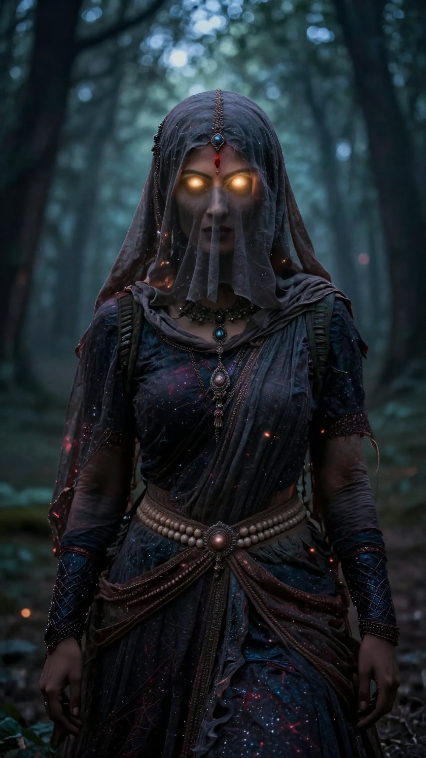 Create a cinematic scene where an Indian witch stands,  her hair and forehead covered by a hard veil made of opaque cloth,...