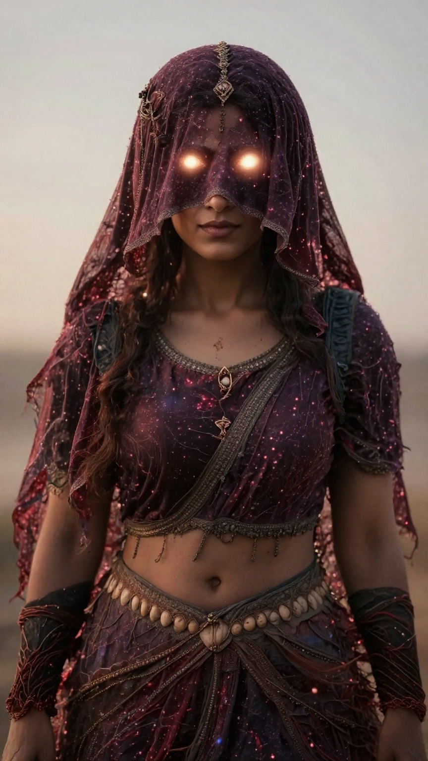 A indian witch women,  hair and eyes cover with Vail clothe,  eyes nothing is visible only glowing light in eyes on Tensor...