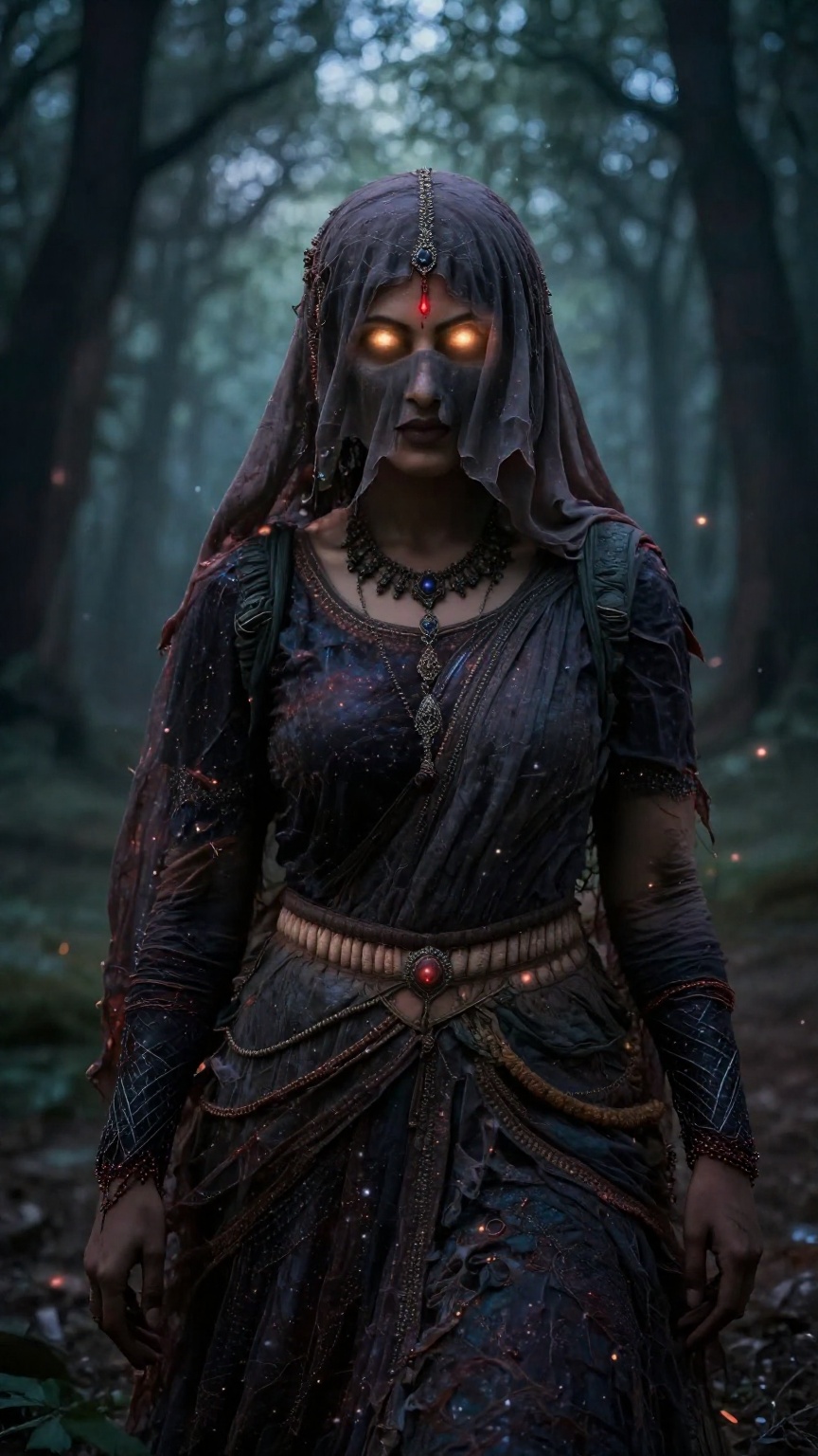 Create a cinematic scene where an Indian witch stands,  her hair and forehead covered by a hard veil made of opaque cloth,...