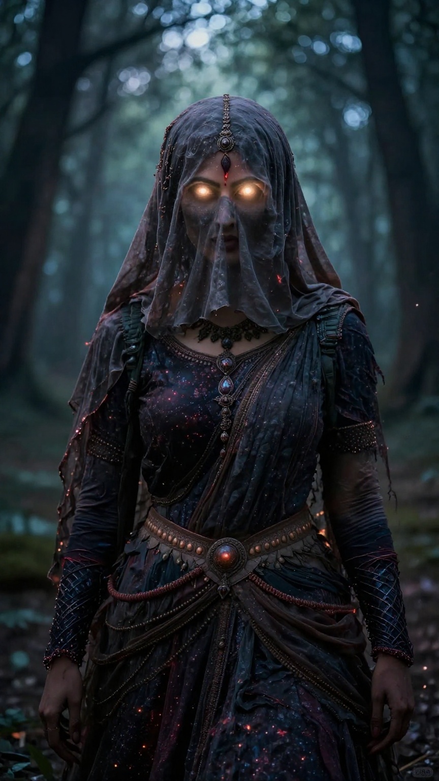 Create a cinematic scene where an Indian witch stands,  her hair and forehead covered by a hard veil made of opaque cloth,...