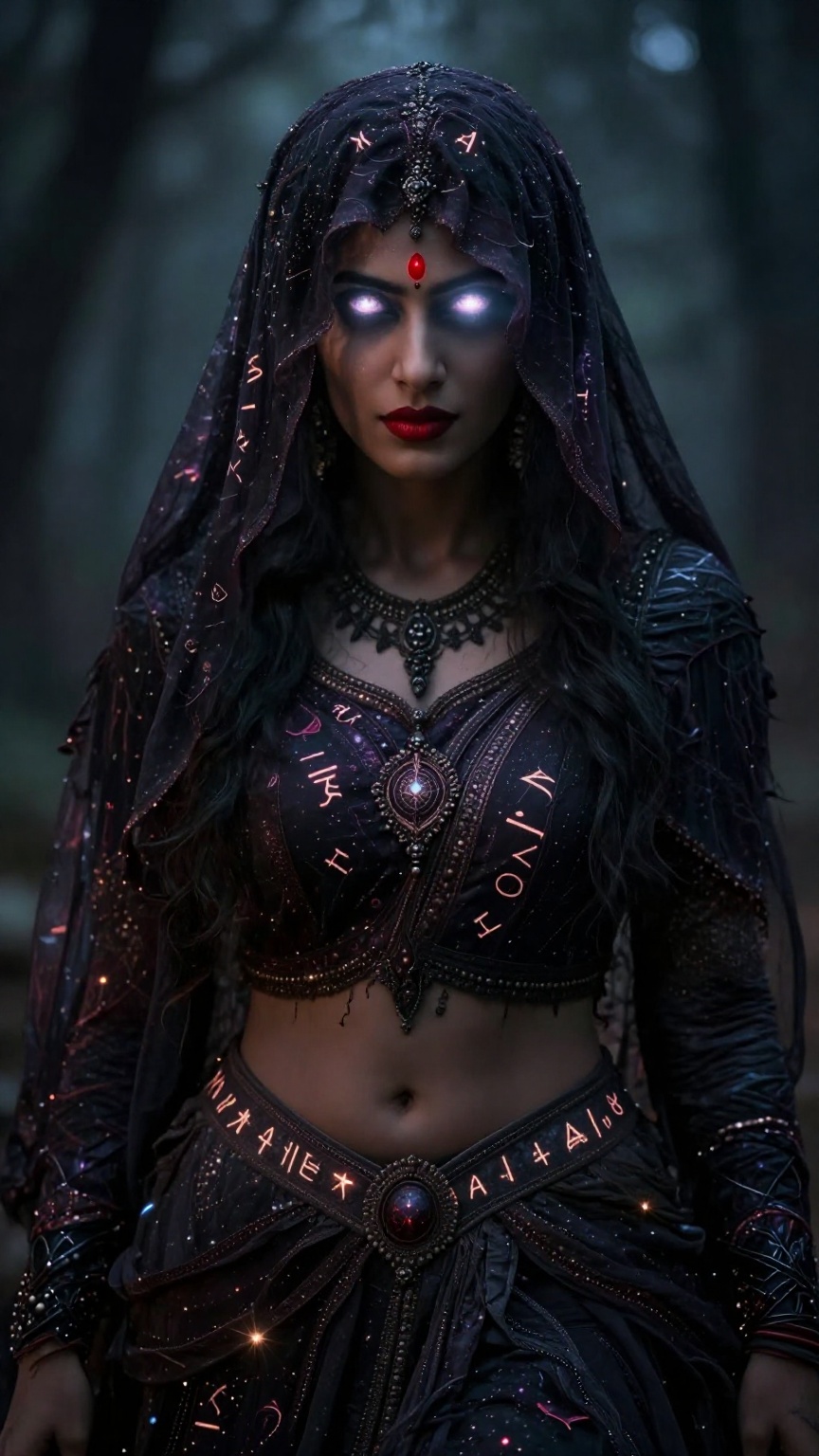 Create a hauntingly beautiful scene featuring an Indian witch,  her hair and forehead covered by a veil of dark cloth,  le...