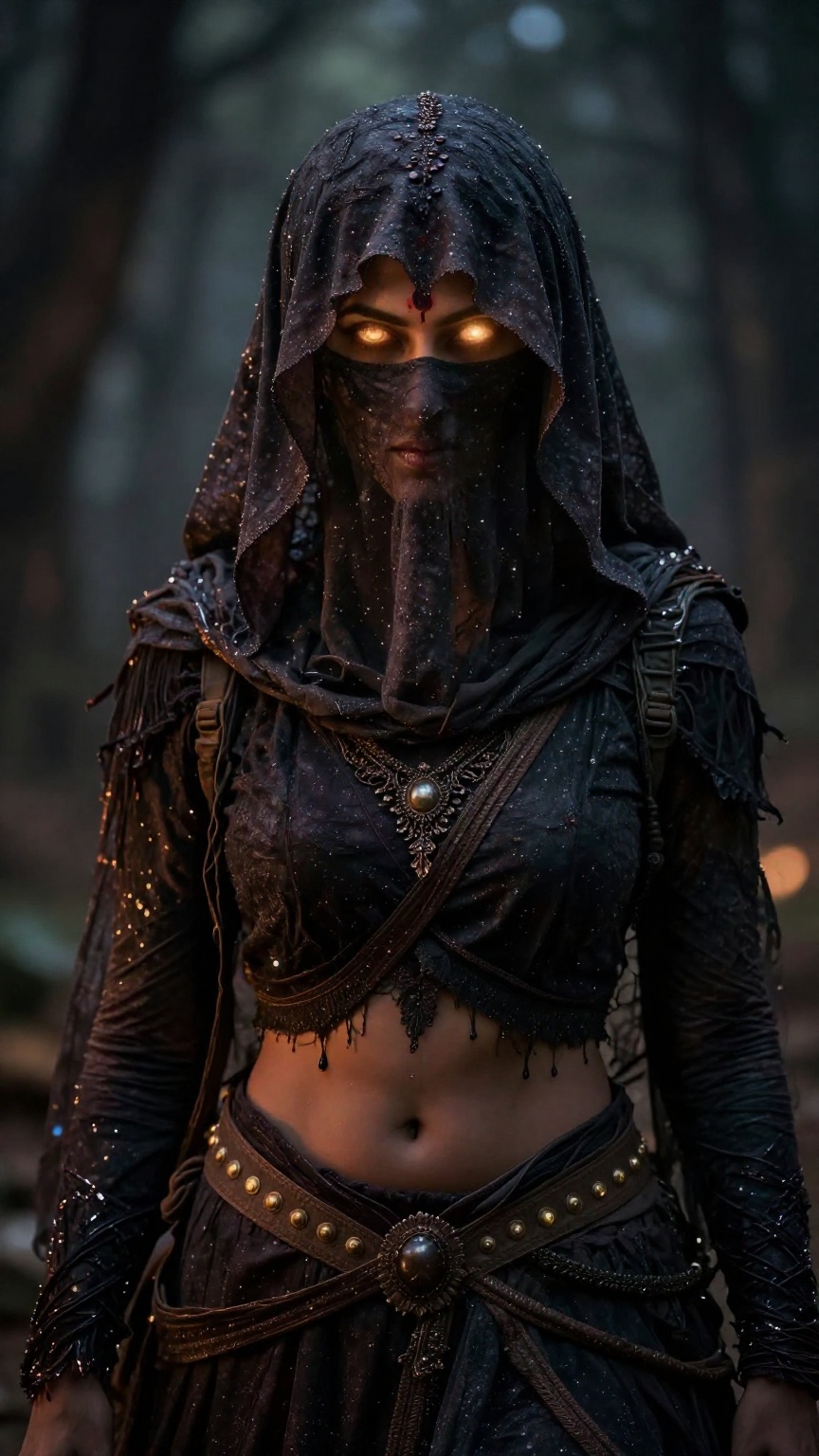 A indian witch,  hair and and forehead eyes cover with hard Vail clothe,  nothing is visible only glowing light in eyes on...