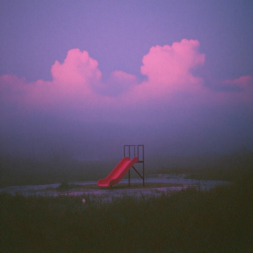 A low-resolution,  hazy film photograph capturing an empty,  pastel-colored playground at twilight. The sky is an unnatura...