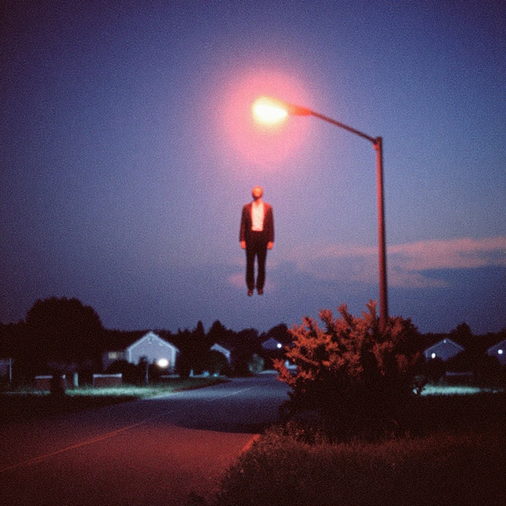 dark_dreamcore_style,  A surreal analog photograph of a faceless man in a dark suit and white shirt suspended motionless b...