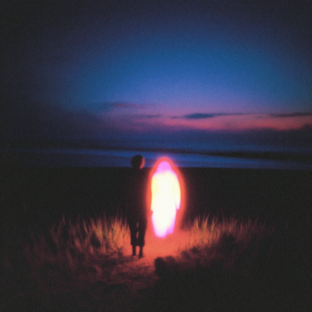dark_dreamcore_style,  A surreal analog photograph of a dark human silhouette walking beside a glowing figure on a quiet b...