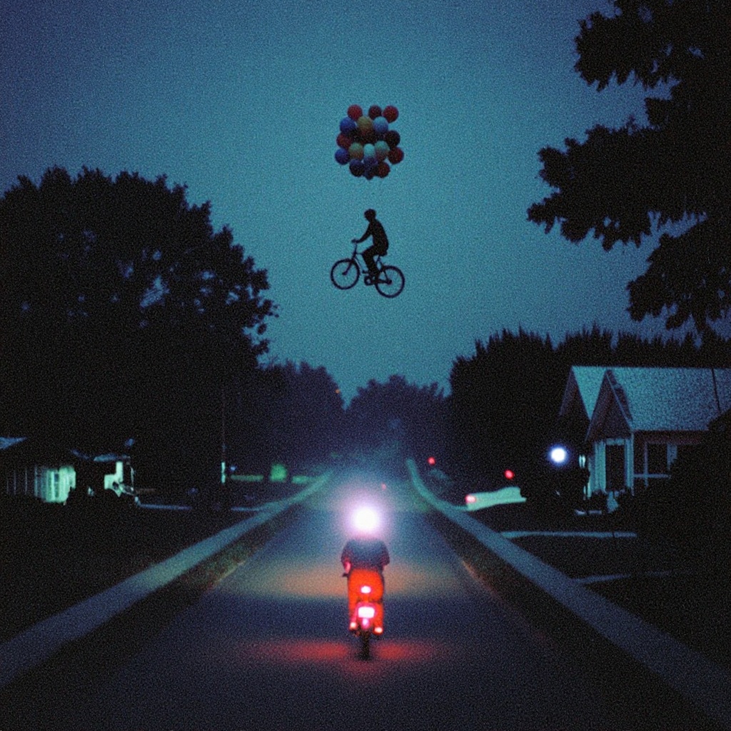 dark_dreamcore_style,  A surreal analog photograph of a quiet suburban street at dusk,  where a cyclist floats high above...