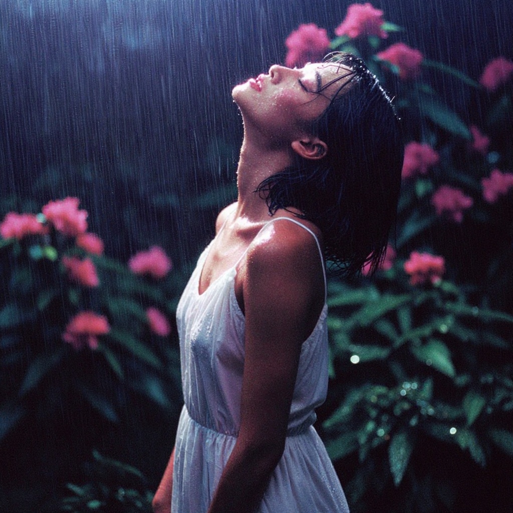 A woman in a white dress with water droplets on her skin and dress,  head tilted back with eyes closed,  embracing the rai...