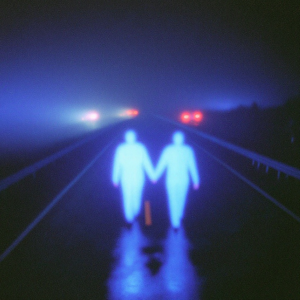 dark_dreamcore_style,  Two glowing human silhouettes walk hand in hand down the middle of an empty highway at night,  thei...