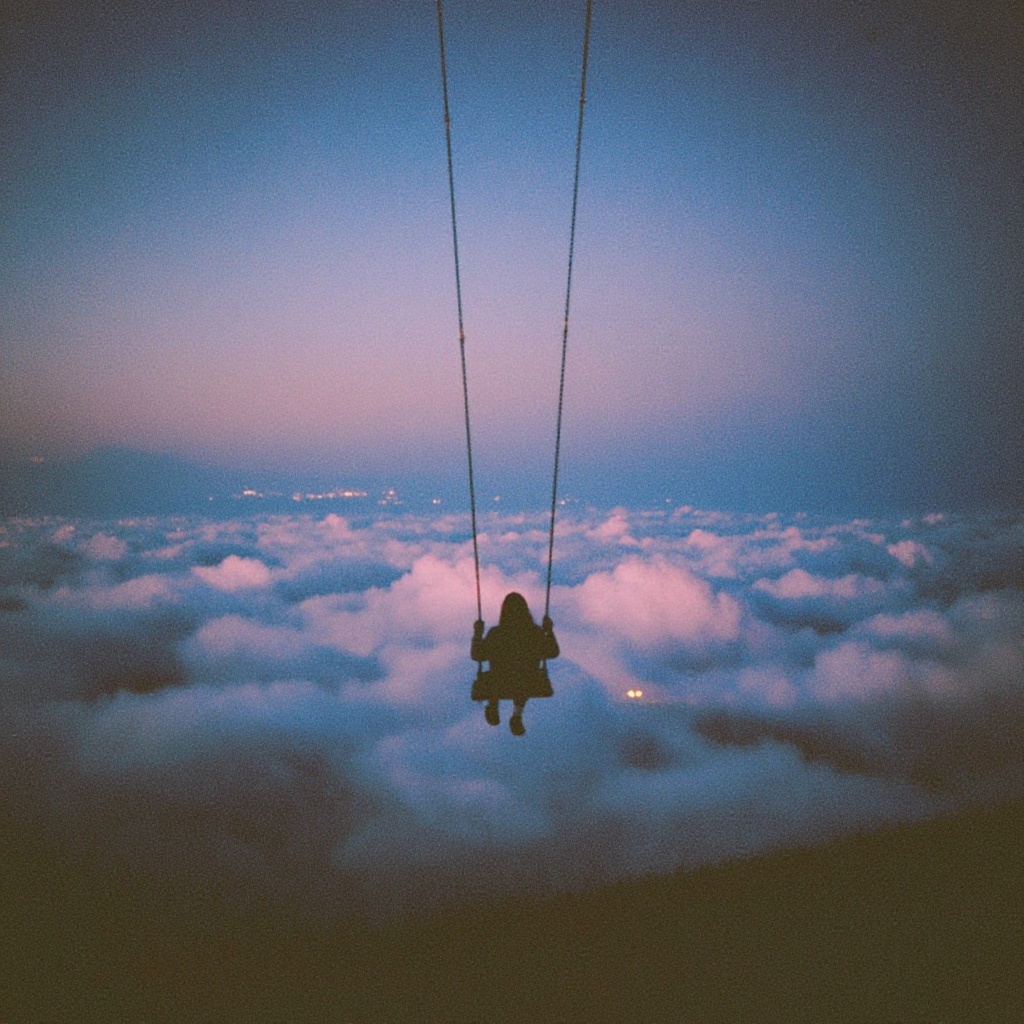 dark_dreamcore_style,  A surreal analog photograph of a lone dark silhouette sitting on a simple wooden swing suspended hi...