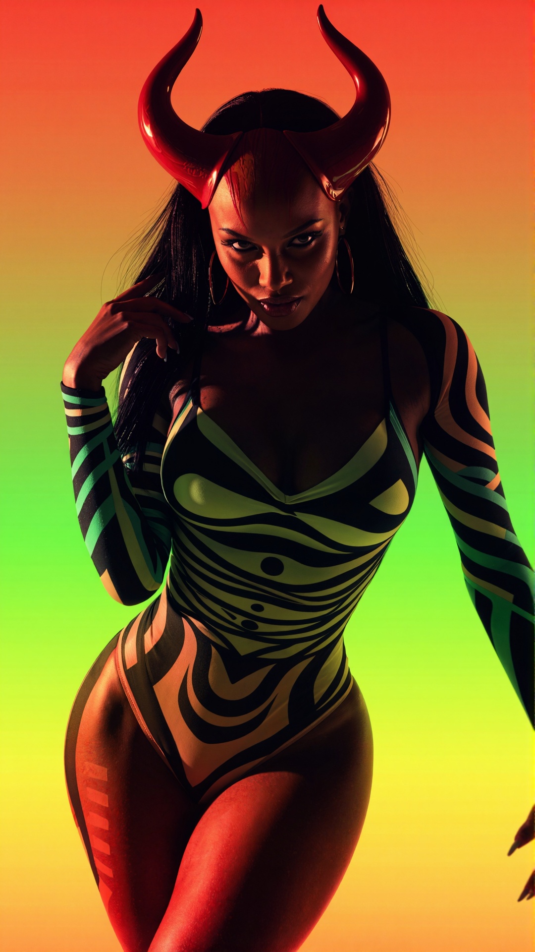 Create a vibrant and dynamic demon female character with a multicolor,  multi-patterned appearance. Use gradient effects t...