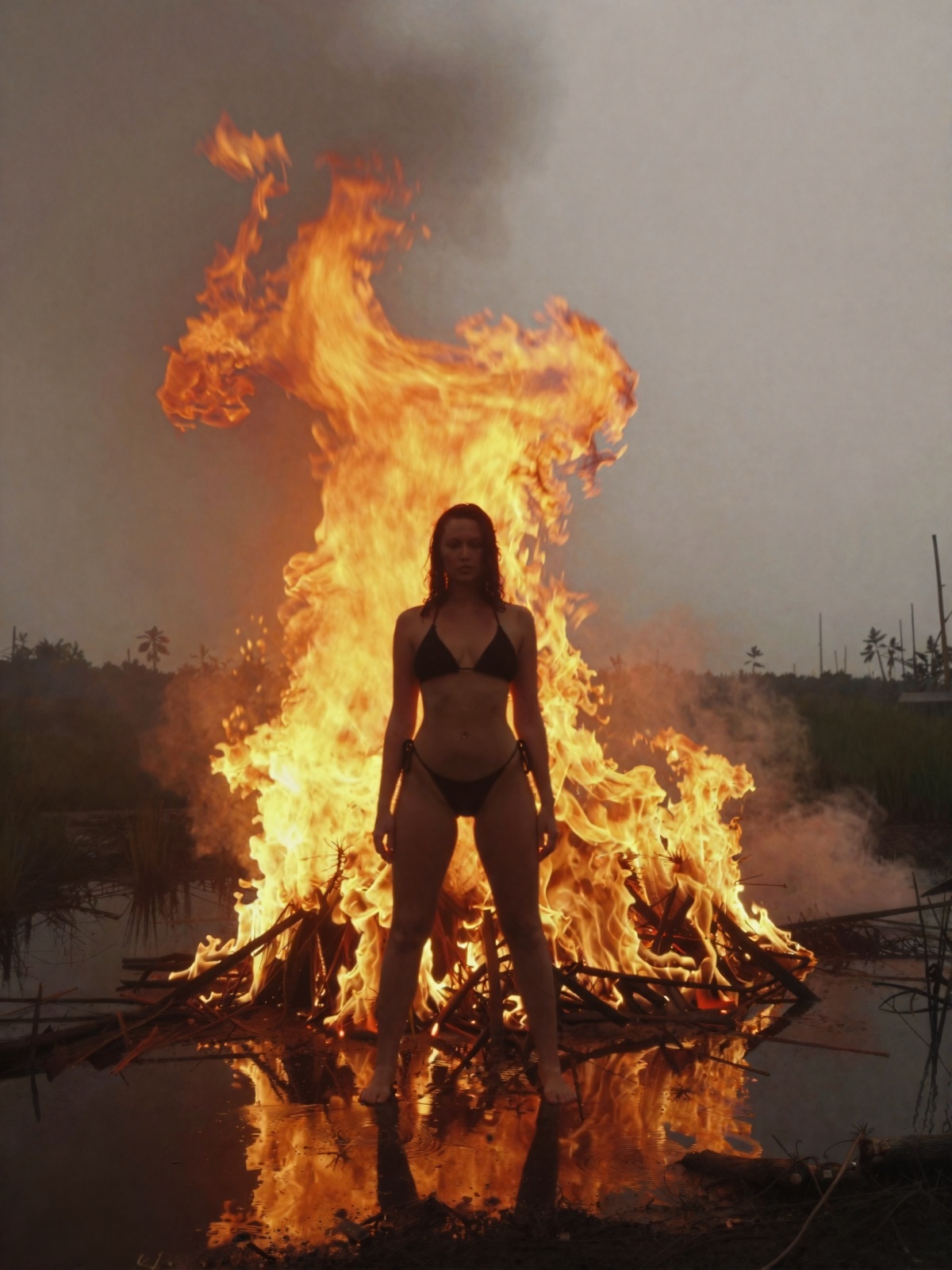 Woman black bikini in swamp that blazing with an inferno,  massive fire in the Florida swamp,  blurgazeaesthetic on Tensor...