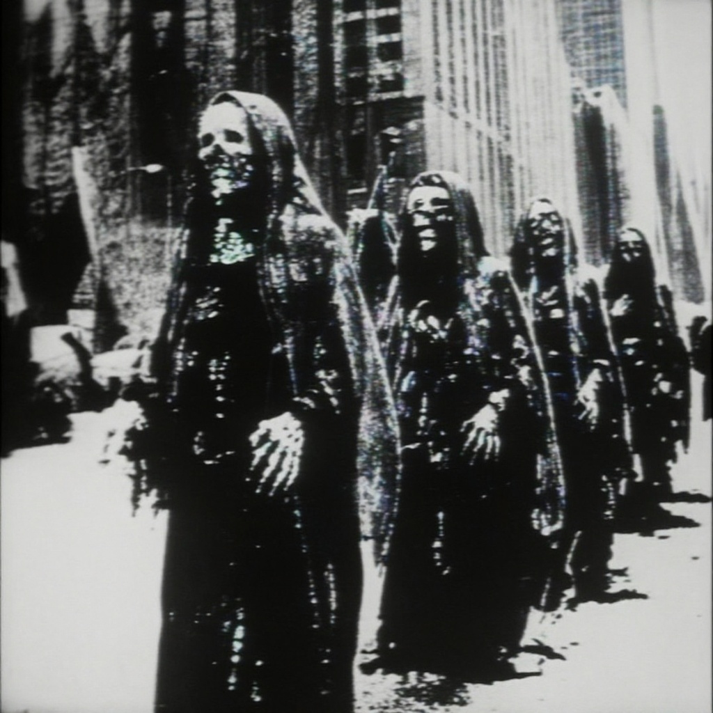 line of tall,  humanoid figures standing on a city street,  their bodies glowing with an eerie light; each figure wears a...