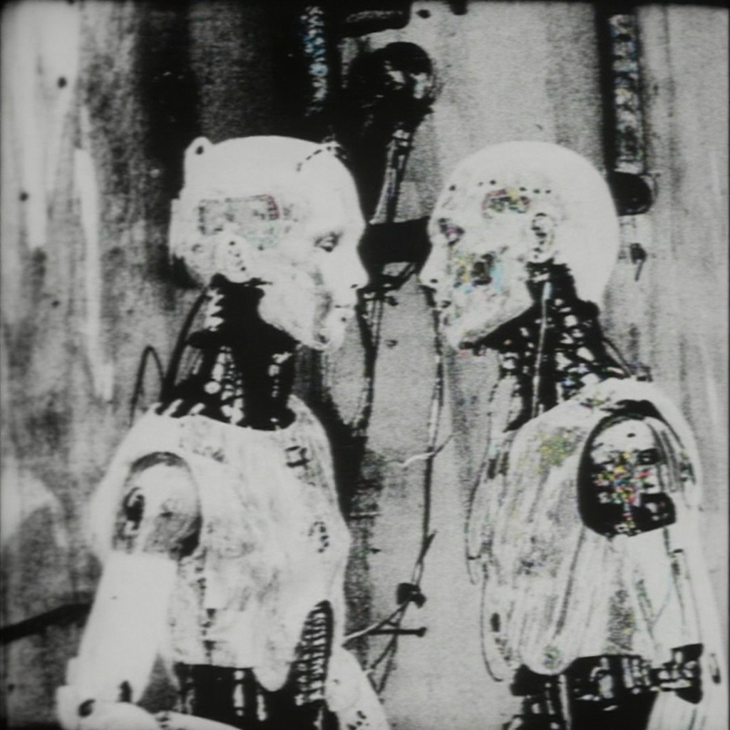 two humanoid androids standing chest-to-chest in a narrow industrial room; both have smooth white synthetic heads with min...