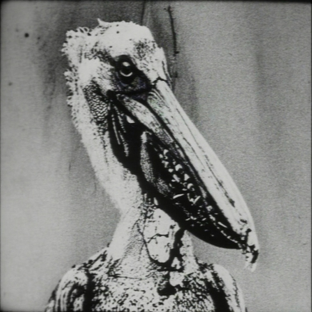 close-up view of a mutated pelican with clear reptilian features; its beak elongated and rigid,  the lower half lined with...