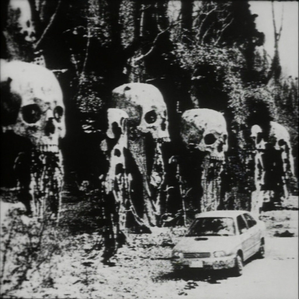 roadside scene with a line of towering organic structures whose trunks twist upward into huge elongated skulls; each skull...