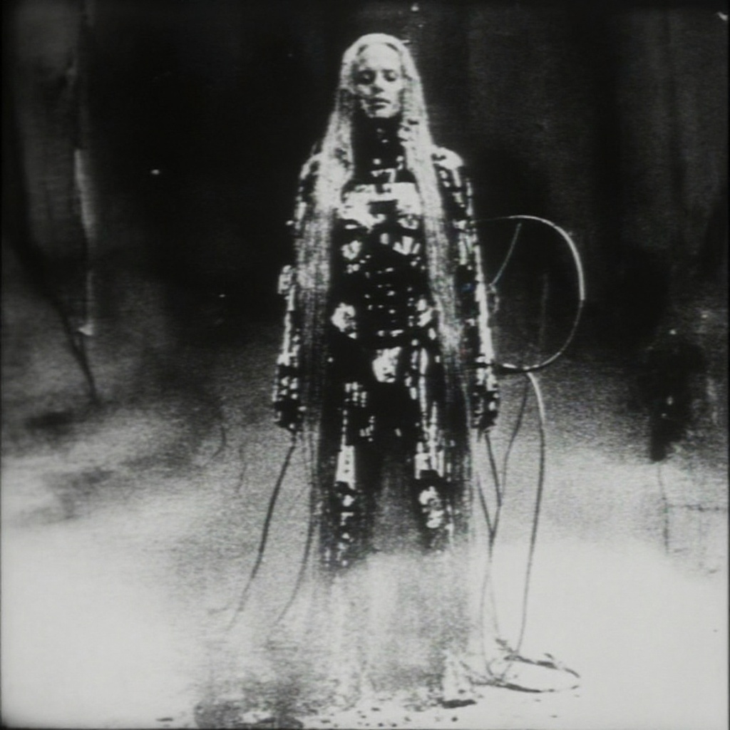 full-body view of a cyborg woman standing against a dark,  hazy backdrop; her extremely long pale hair falls in straight s...