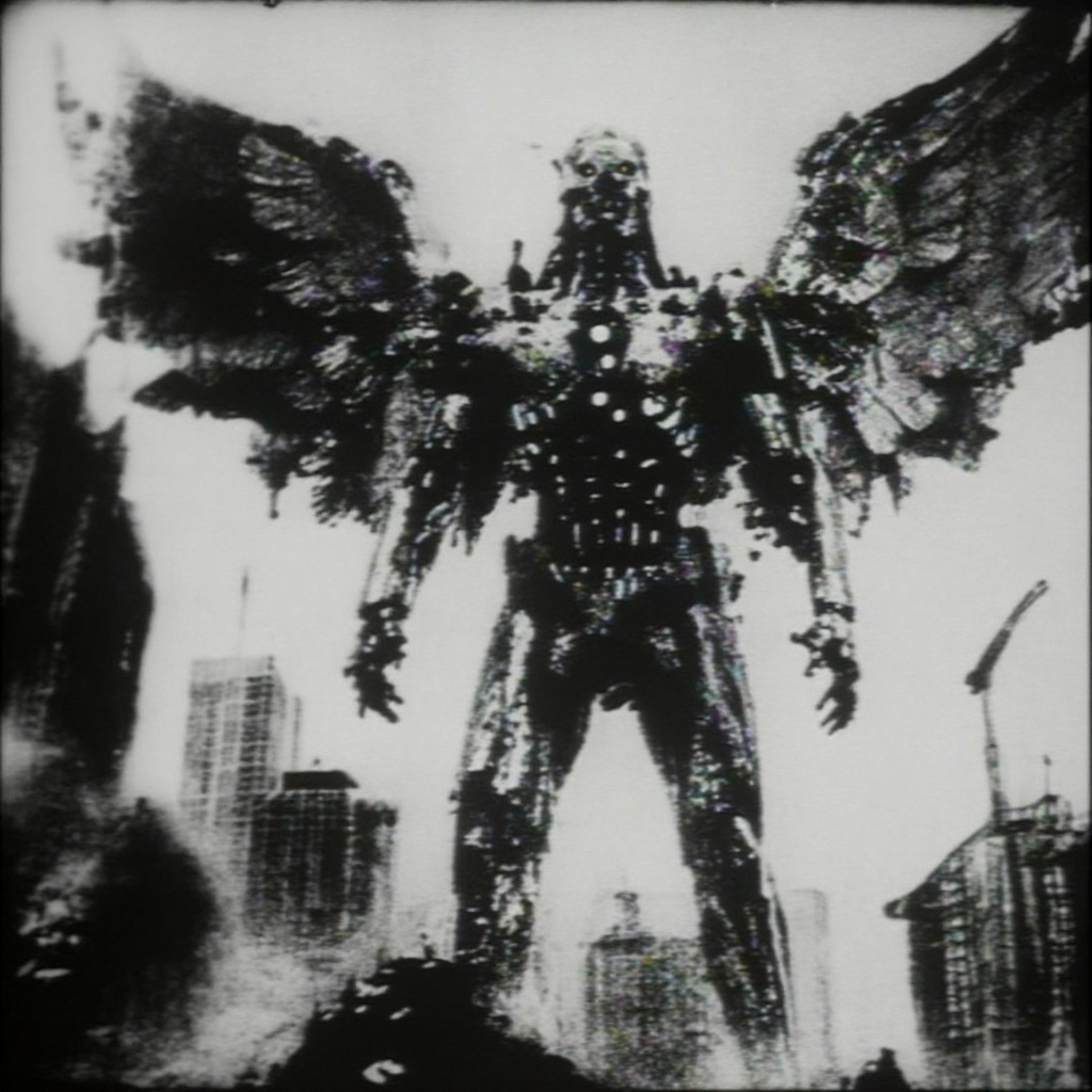 towering humanoid figure with skeletal proportions and mechanical augmentations standing above a sprawling city; body comp...