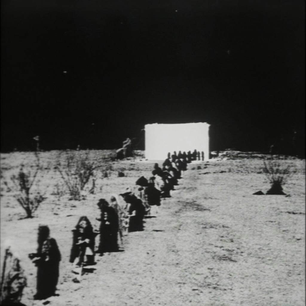 vast open field stretching toward a distant rectangular portal of intense white light floating at the far end of the lands...