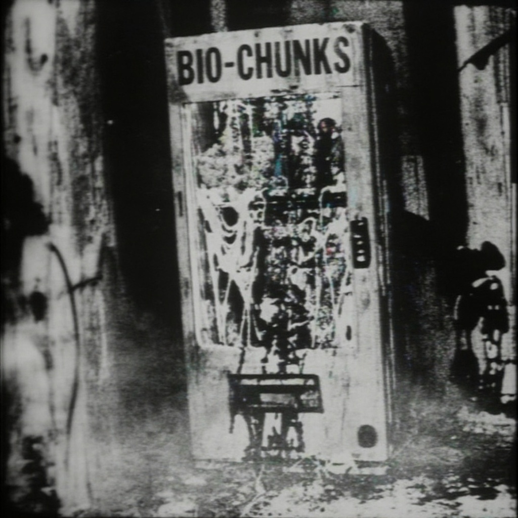 narrow,  dim alleyway lined with metal pipes and worn surfaces; an old vending machine stands in the center,  its frame sc...