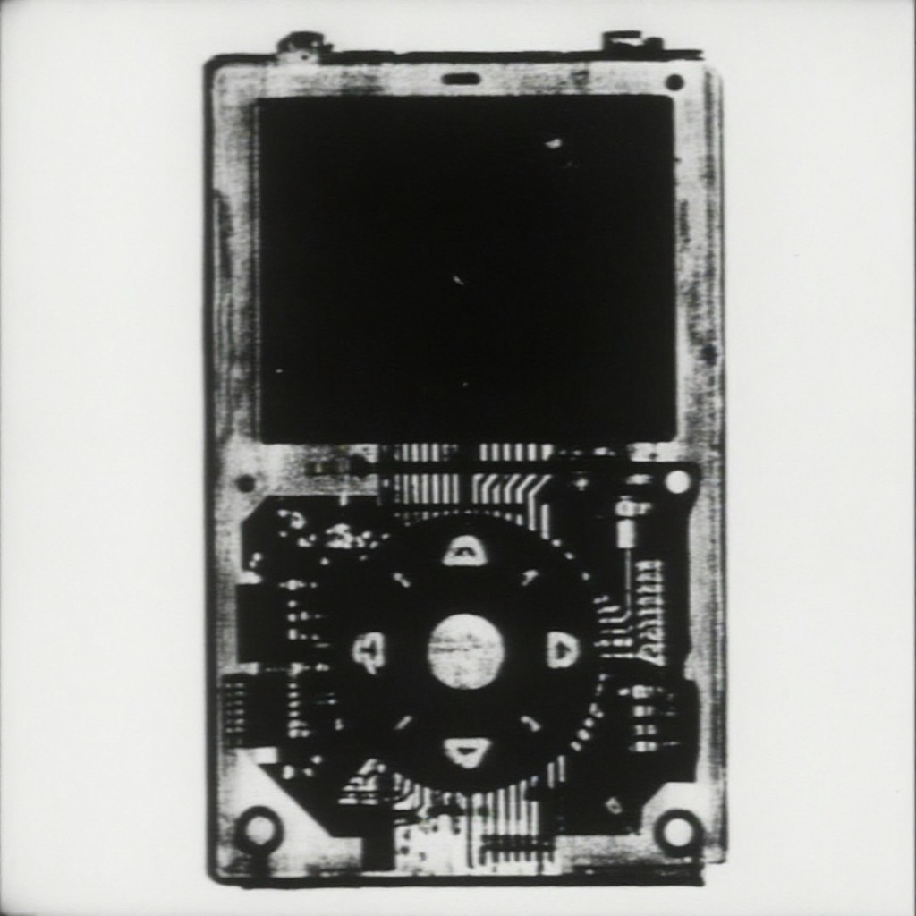 rectangular handheld device with a transparent casing revealing complex circuitry inside; upper portion features a blank b...