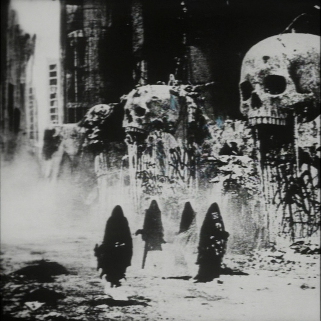 wide abandoned urban boulevard shrouded in pale drifting fog,  the street cracked and empty except for five hooded figures...