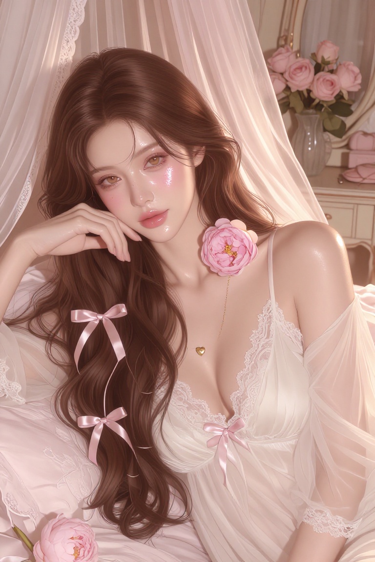 semi close-up from the chest up of an elegant young woman with long soft wavy chestnut-brown hair and warm doe-like golden...