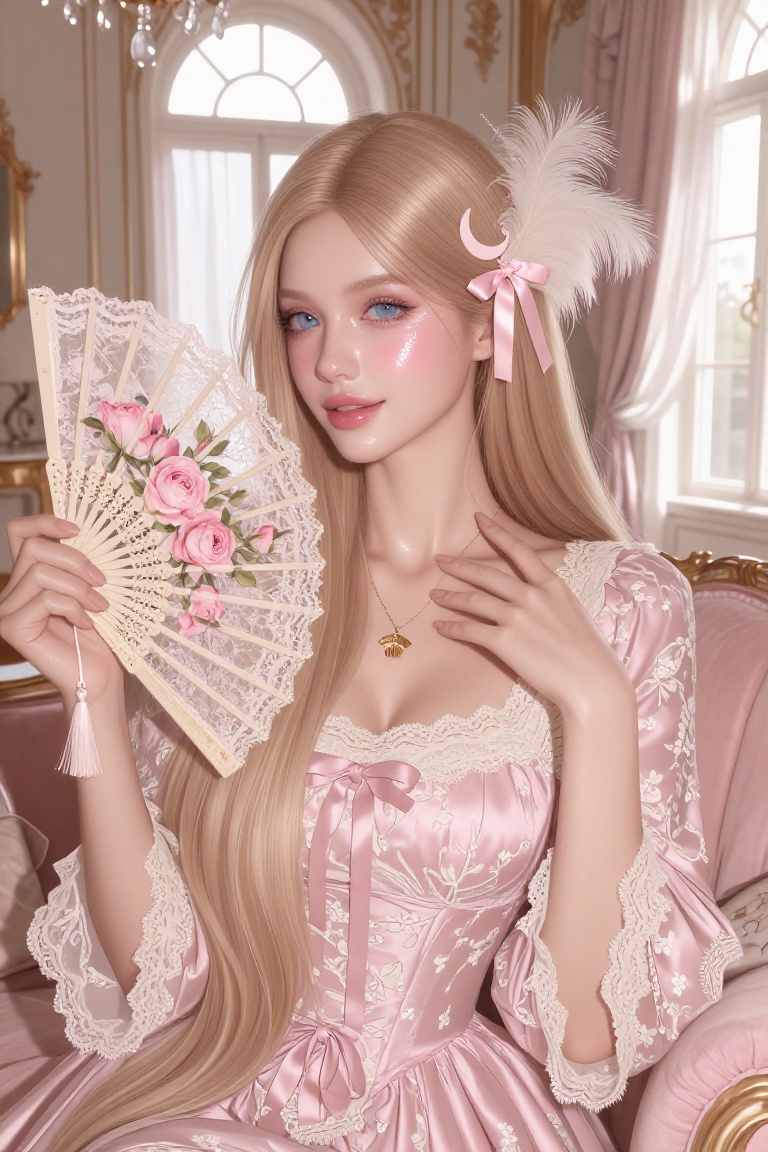 semi close-up from the chest up of an elegant young woman with long sleek pin-straight golden-blonde hair and large doe-li...