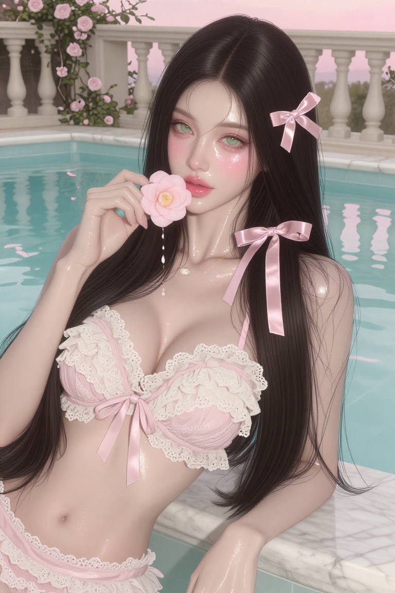 semi close-up from the chest up of an elegant young woman with long sleek pin-straight jet-black hair and striking doe-lik...