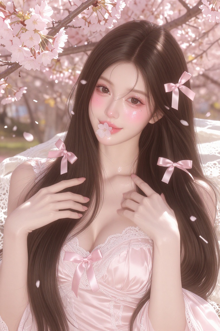 semi close-up from the chest up of an elegant young woman with long sleek straight dark brown hair and large doe-like dark...