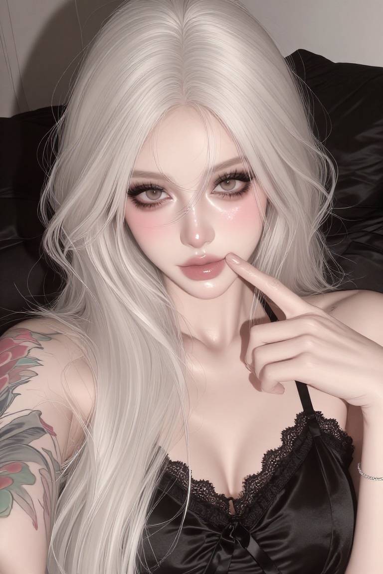 glass skin a striking close-up portrait of a boldly beautiful young woman with a dark edgy aesthetic,  medium-length plati...