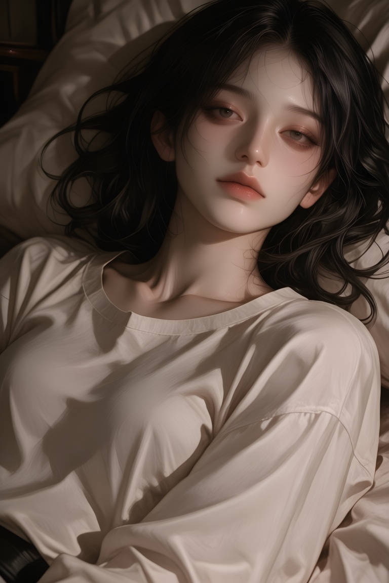 A solitary young woman with an upper body lies indoors,  her eyes fixed on the viewer as if in a cinematic moment captured...