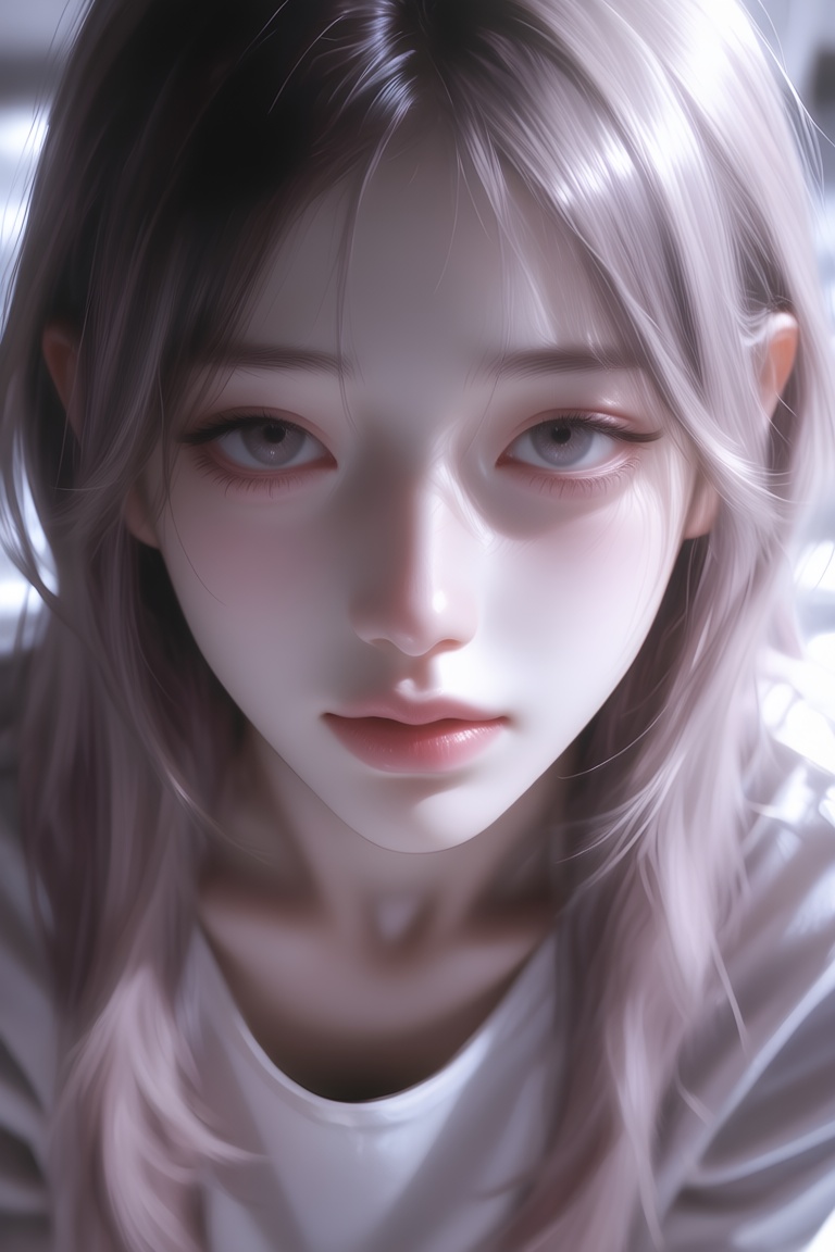 A solitary girl gazes directly at the viewer,  her portrait captured from above with cinematic precision and a touch of fi...