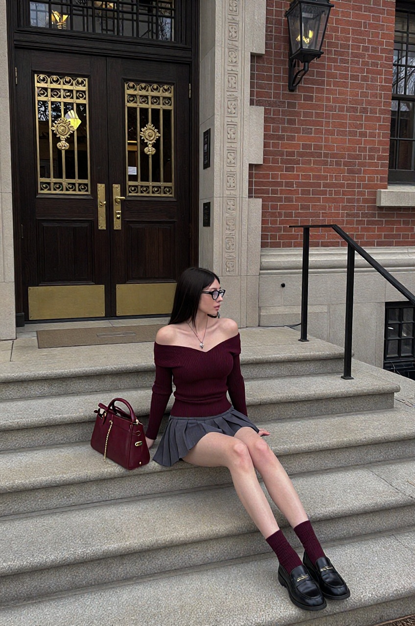 an ultra-wide shot of a young woman with straight dark hair and glasses sitting casually on the wide stone steps leading u...