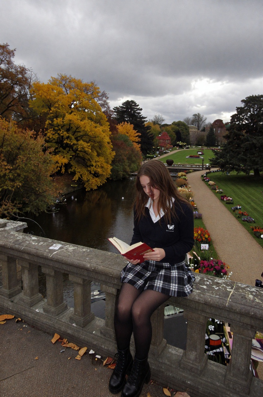 capturing a young woman with long brown hair focused intently on an open red book in her hands while perched on an old sto...