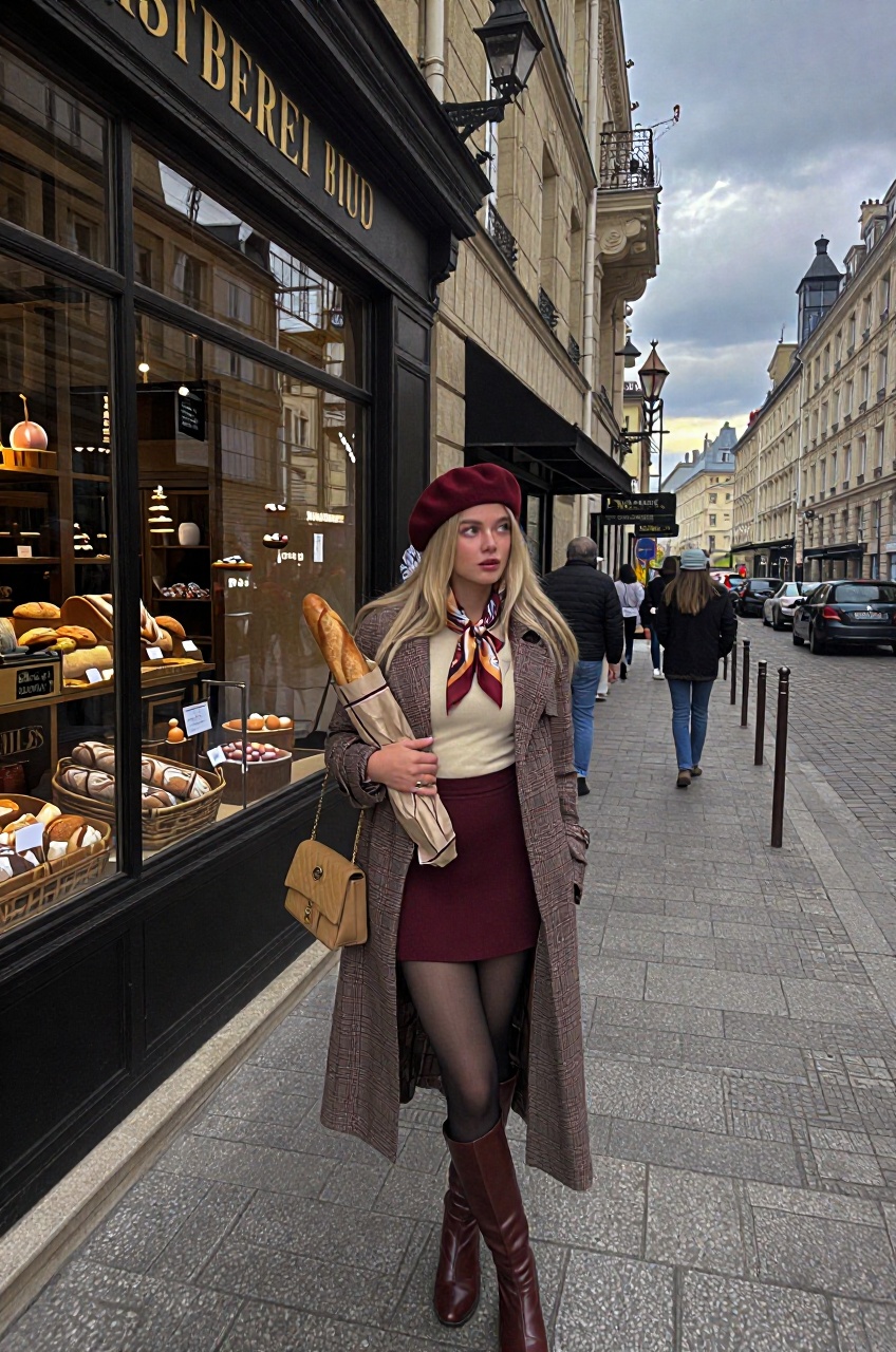 An ultra-wide shot,  capturing a young woman with long blonde hair standing stylishly on a cobblestone pavement outside a...