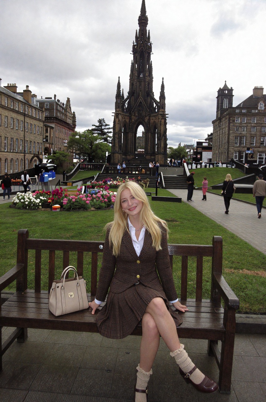 capturing a smiling young woman with long blonde hair sitting gracefully on the backrest of a dark wooden park bench. She...