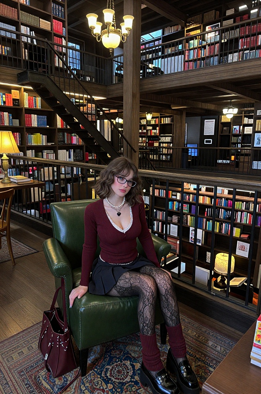an ultra-wide shot of a young woman with wavy brown bob-length hair and glasses sitting in a green leather armchair inside...