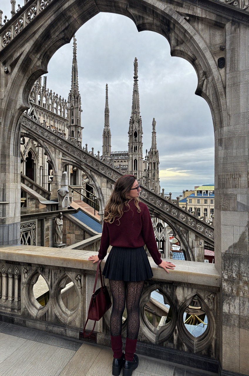 an ultra-wide shot of a young woman with wavy brown hair and glasses standing on the rooftop of a massive cathedral under...