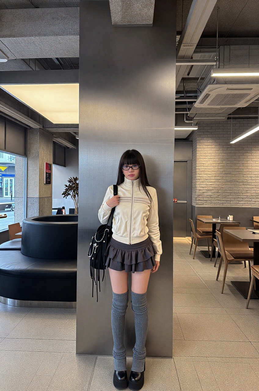 an ultra wide angle photograph captures a young woman standing in a modern,  minimalist cafe interior with clean architect...