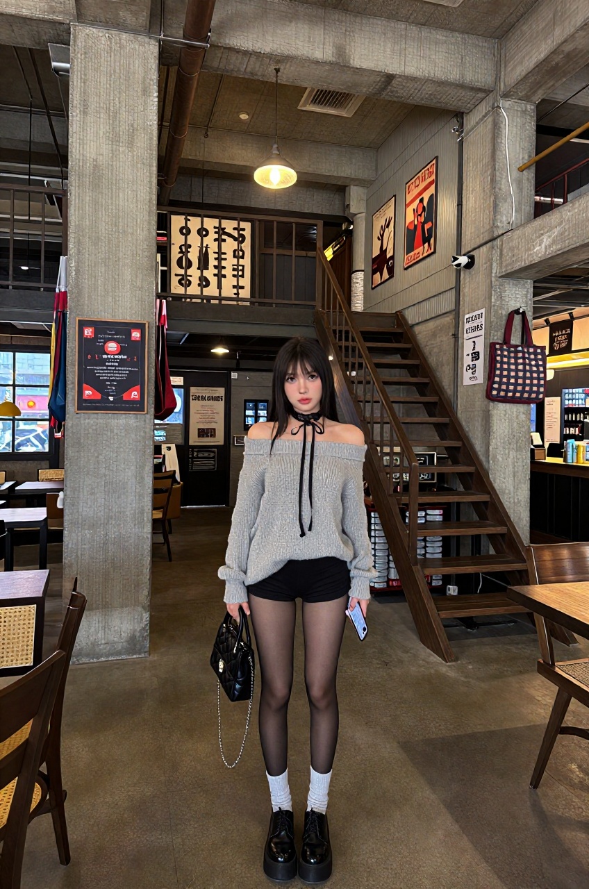 an ultra wide angle photograph captures a young woman standing centrally in a rustic,  industrial-chic indoor venue with r...